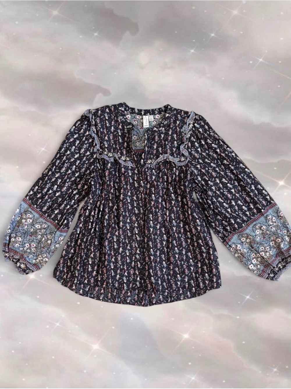Joie Cottage Blouse Ditsy Print Ruffle Balloon Sleeves Romantic Navy Blue Cotton